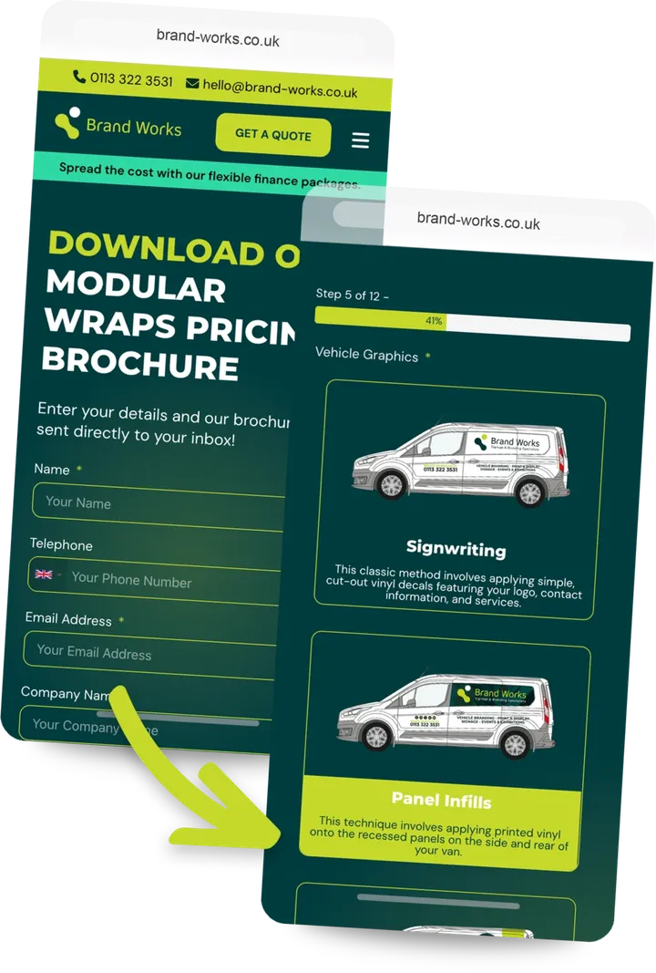 Two phone screens from the Brand Works website, a pricing brochure download form and step 5 of 12 of the quote form showing vehicle graphics options