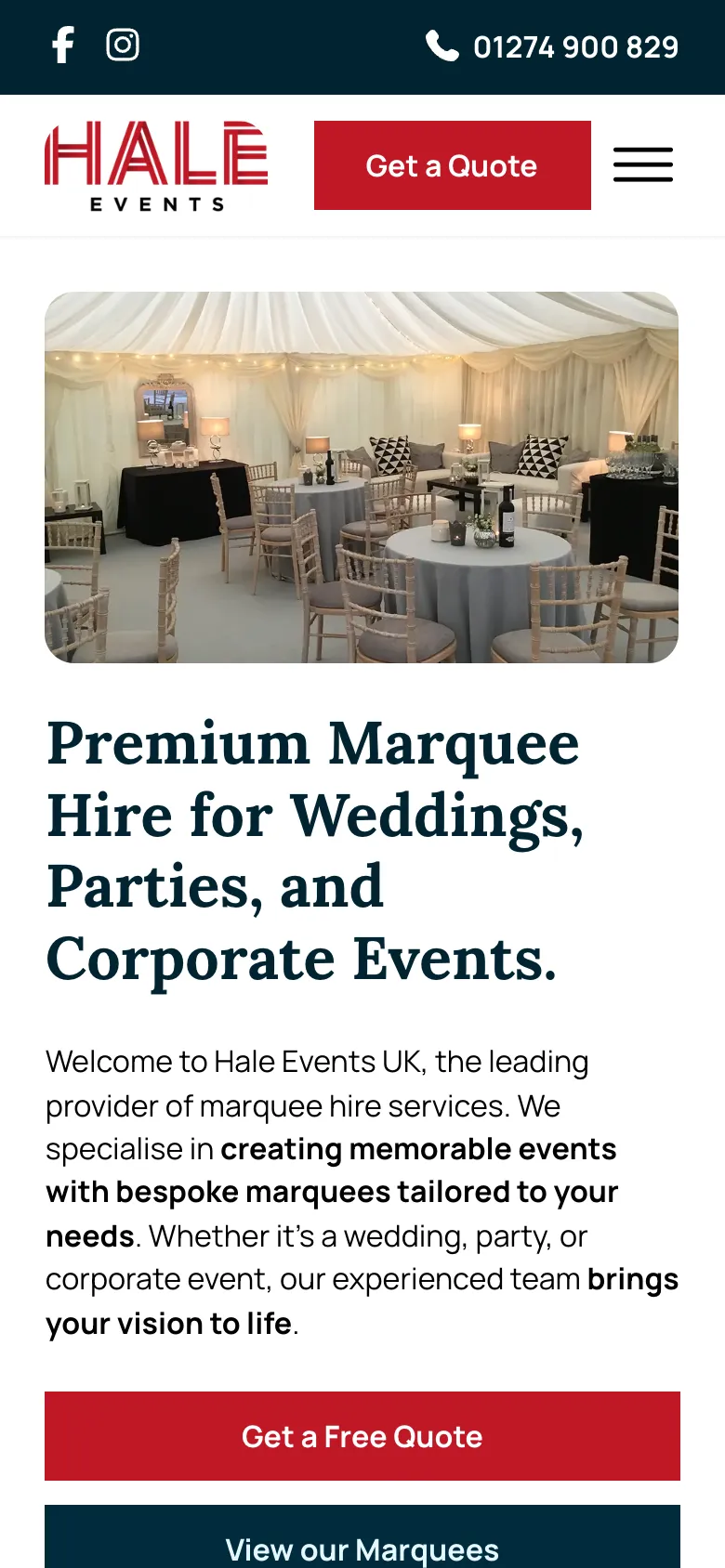 Hale Events website on a phone, with the phone number in the top bar, a Get a Quote button and a photo of a dressed marquee