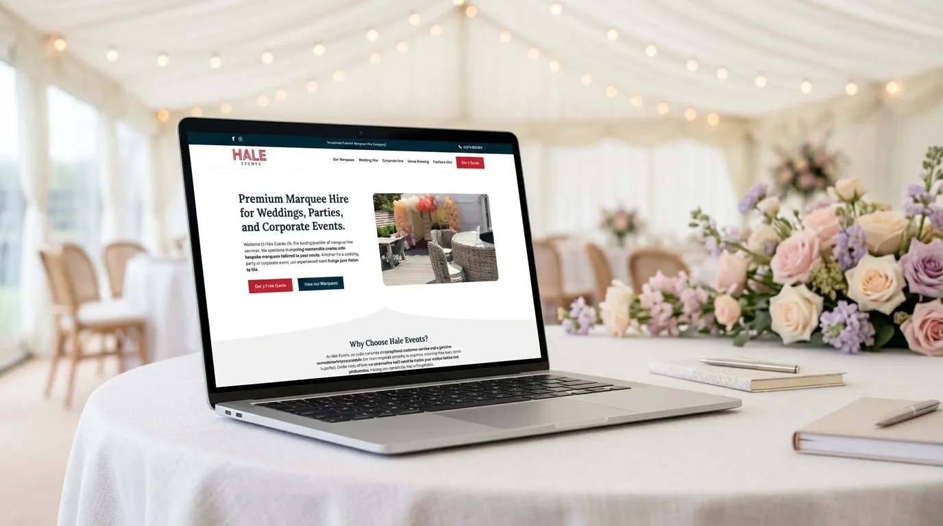 Hale Events website on a laptop inside a wedding marquee