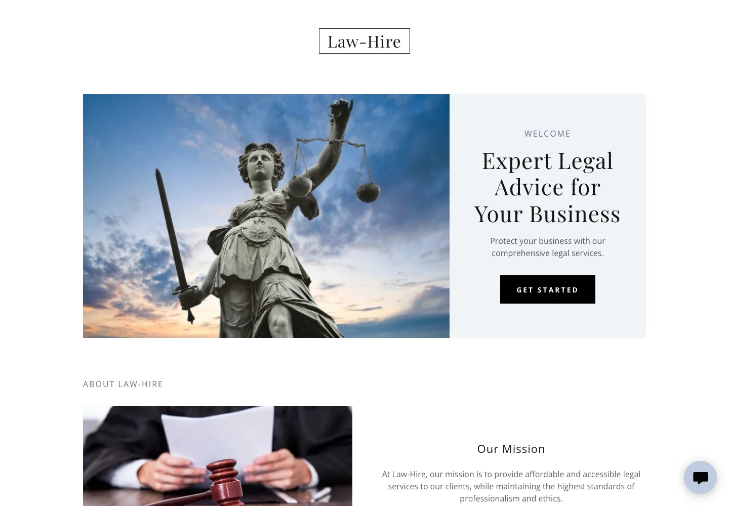 The law-hire.com homepage before our site, a stock template with a statue of Justice and the heading Expert Legal Advice for Your Business