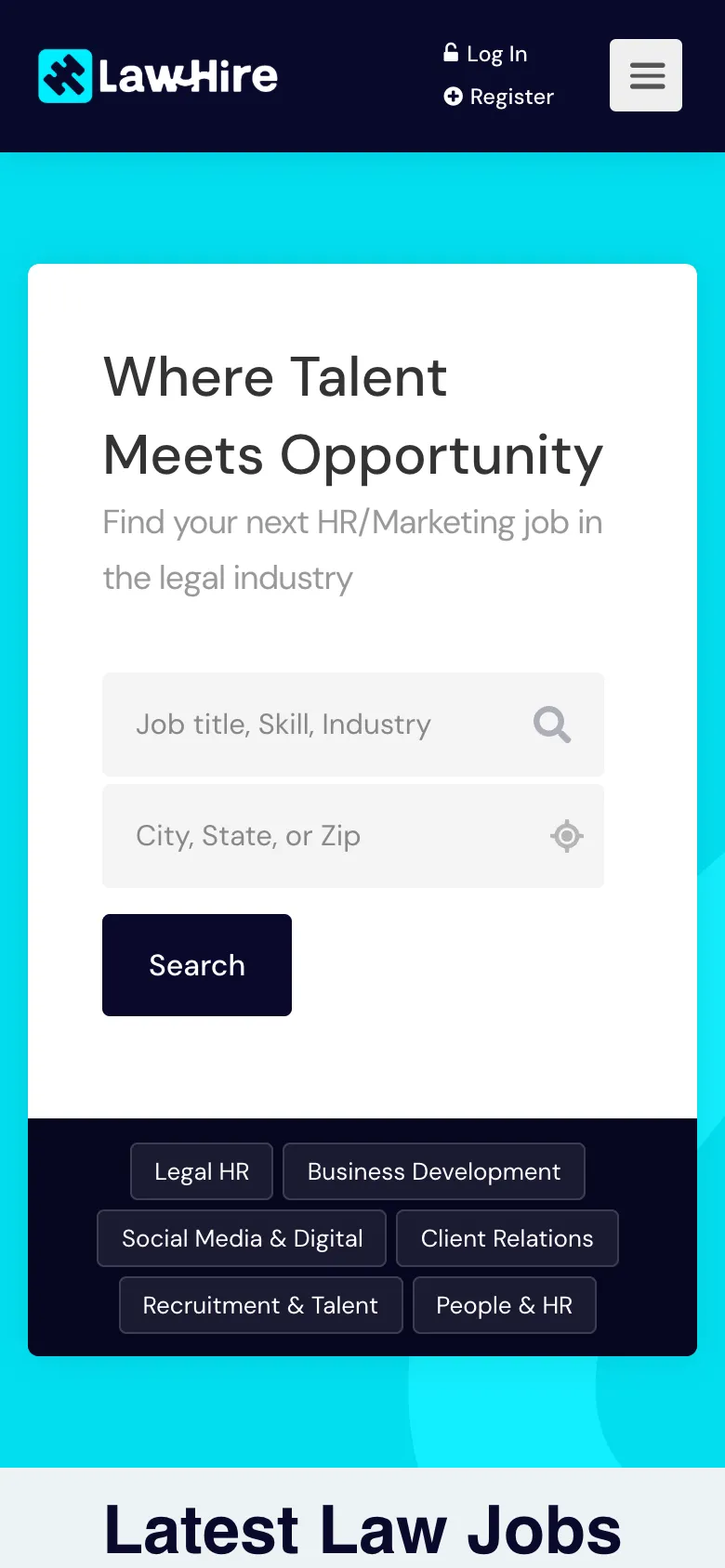 Law-Hire job board on a phone, with the headline Where Talent Meets Opportunity, a job search form and category buttons for legal HR and business development roles