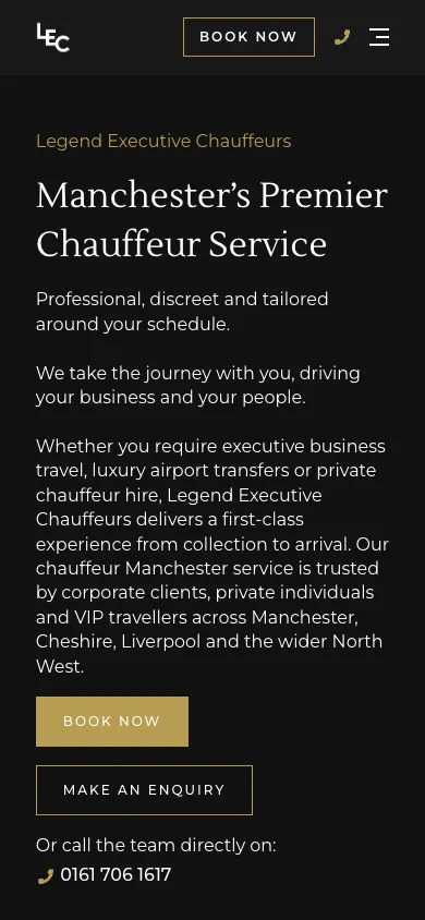 Legend Executive Chauffeurs website on a phone, with the Book Now button in the header and Book Now and Make an Enquiry buttons under the headline