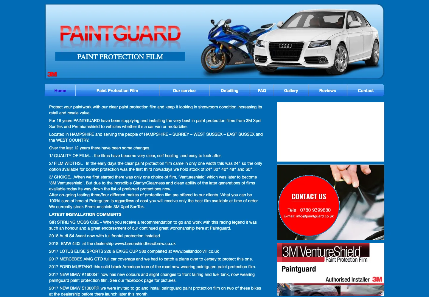 The old Paintguard homepage, with a blue banner, a long block of text and the phone number shown inside a sidebar image
