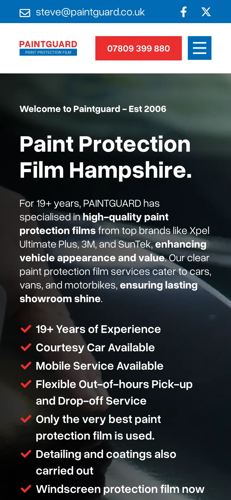 Paintguard website on a phone, with the phone number button in the header and the Paint Protection Film Hampshire headline