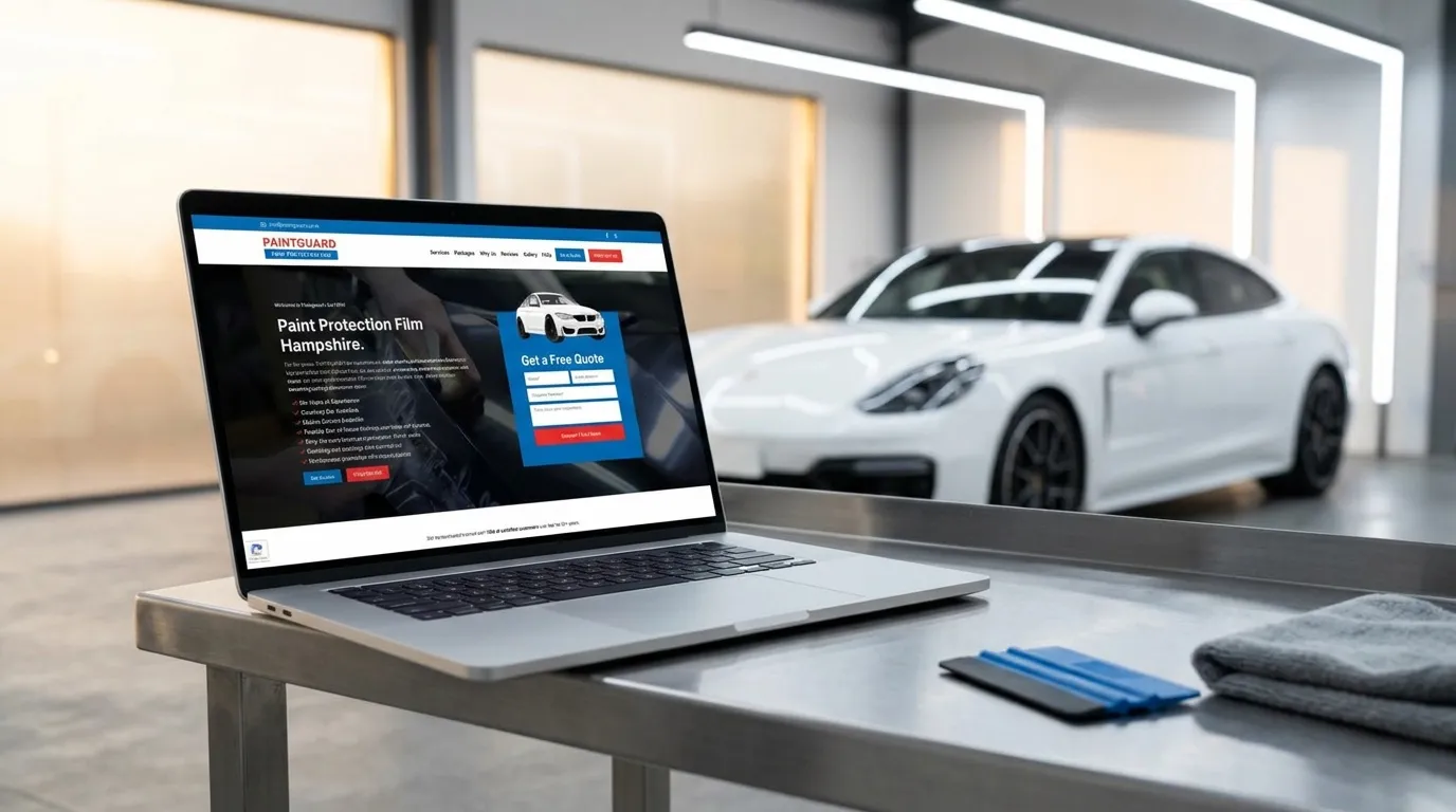 Paintguard website on a laptop in a car detailing studio
