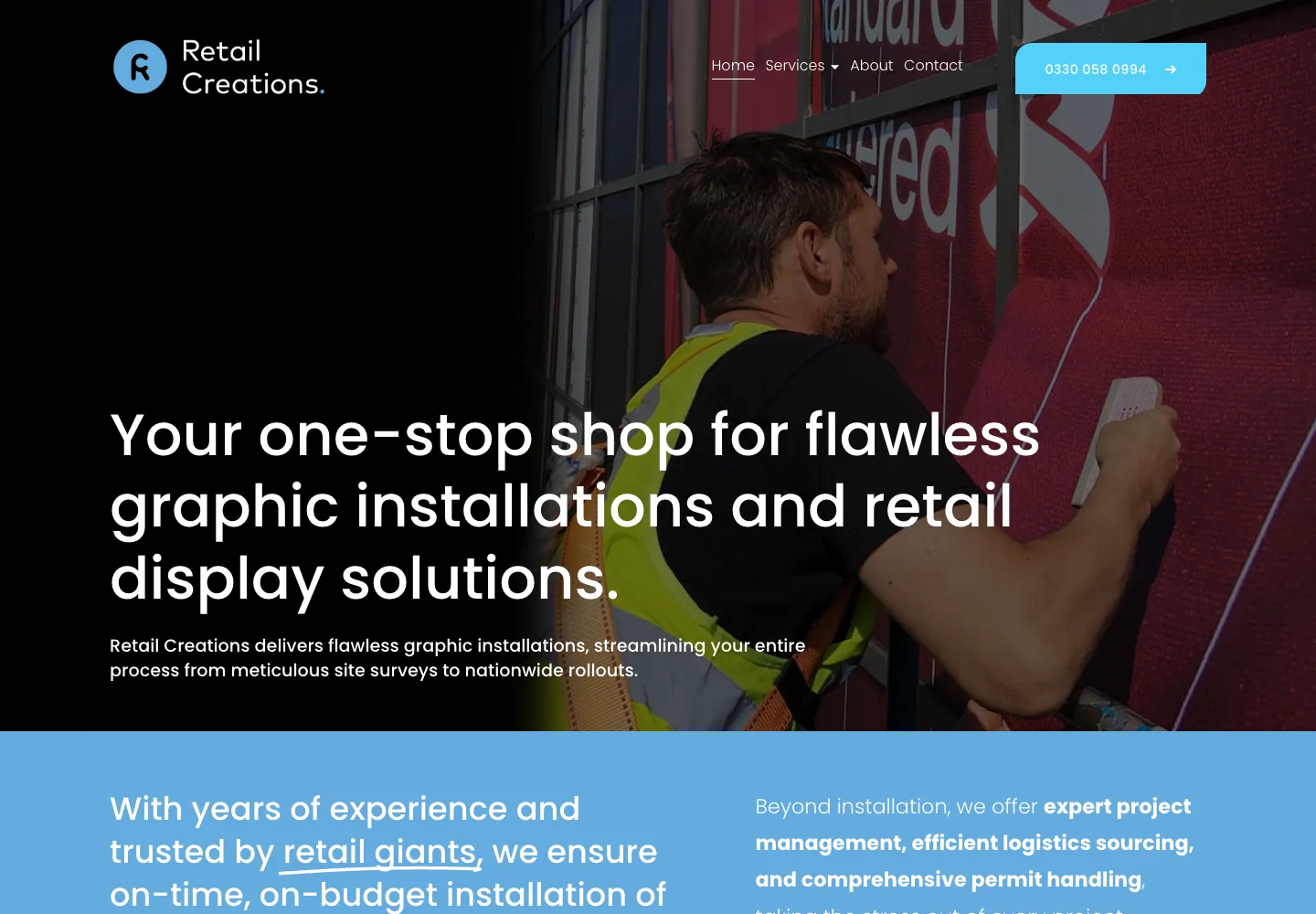Retail Creations’ previous homepage, a photo of an installer fitting graphics under a headline about retail display solutions