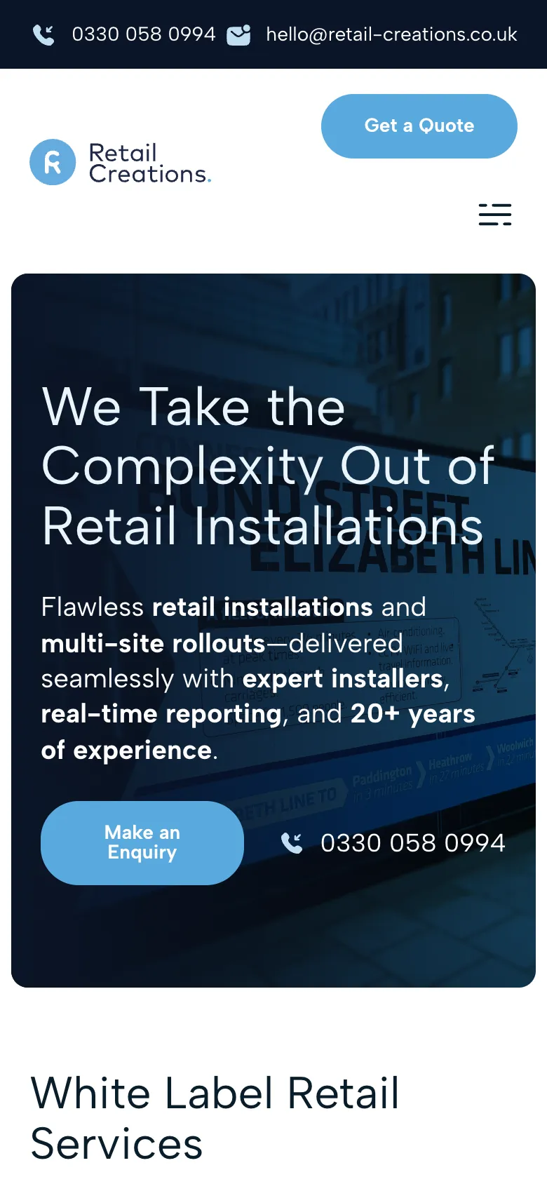 Retail Creations homepage on a phone, with the enquiry button and phone number under the headline