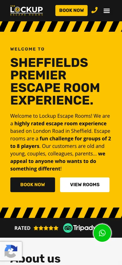 The Lockup website on a phone, with the yellow and black hazard-stripe hero, a Book Now button in the header and Book Now and View Rooms buttons
