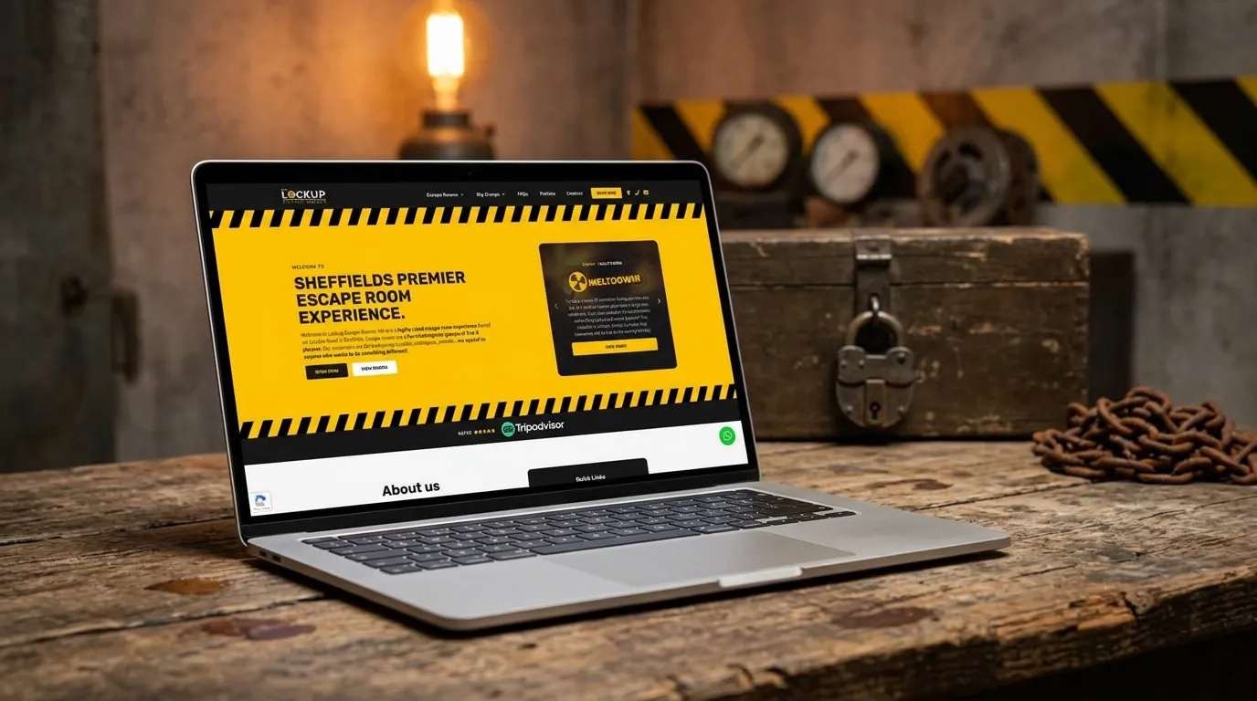 The Lockup website on a laptop in an escape room
