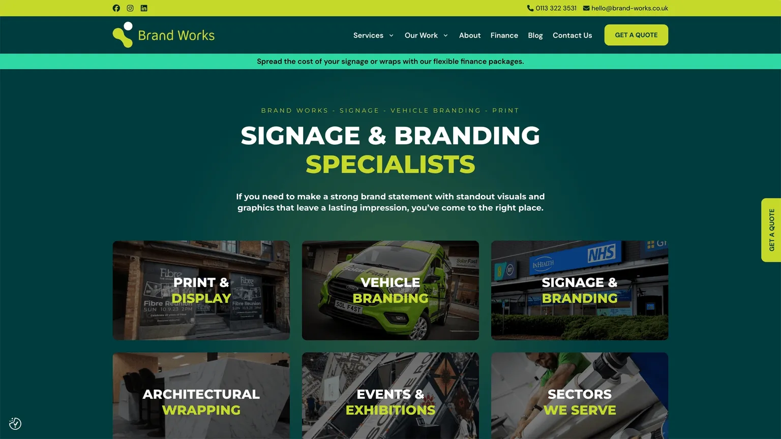 Brand Works website homepage, a dark green page headed Signage and Branding Specialists with tiles for print, vehicle branding and signage