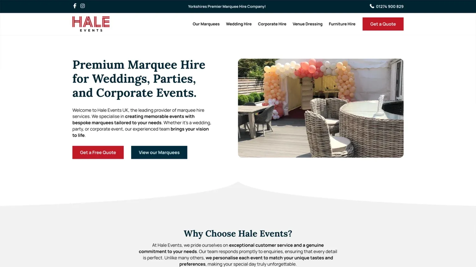 The Hale Events website, designed and built by The Marketing Guys