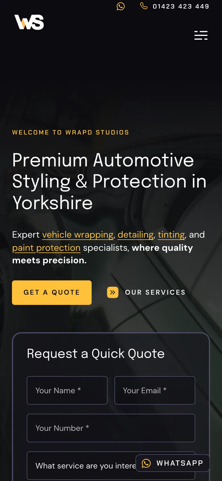 Wrapd Studios homepage on a phone, with the quote form below the headline