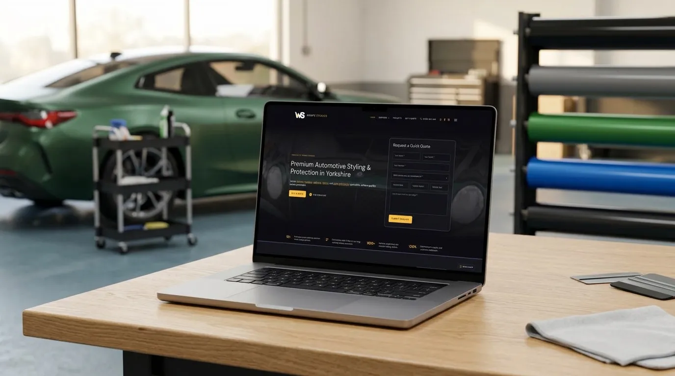 Wrapd Studios website on a laptop in a vehicle wrap studio